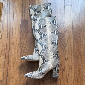 Paris Texas Beige and Black Snakeskin Knee-High Heeled Boots